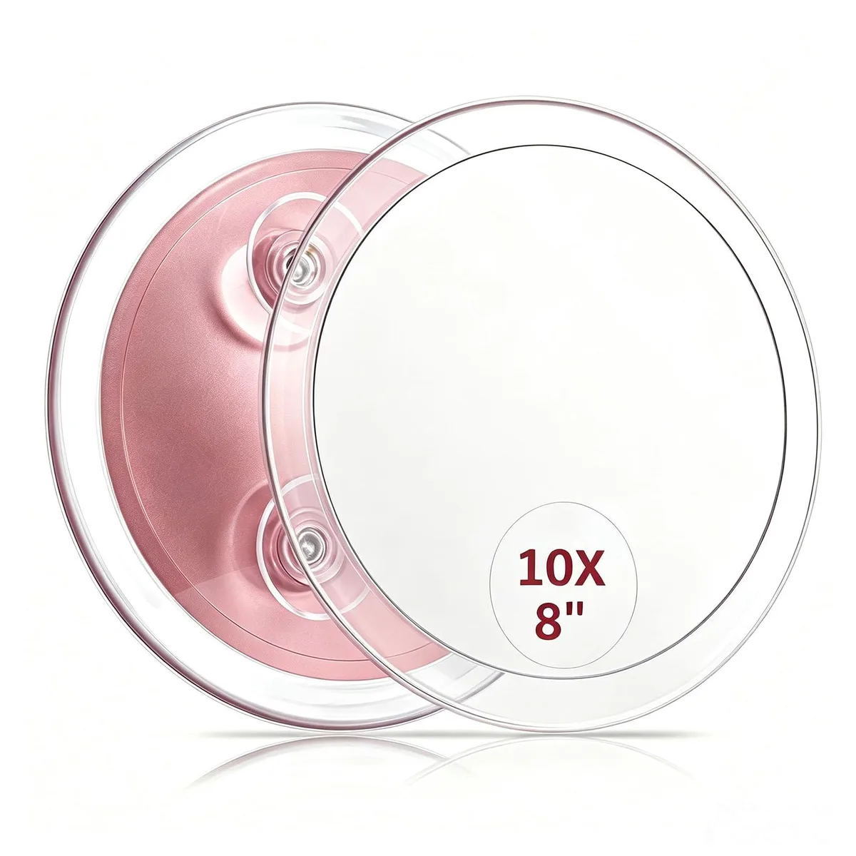 Eight inch round magnifying mirror with clear acrylic frame and three suction cups