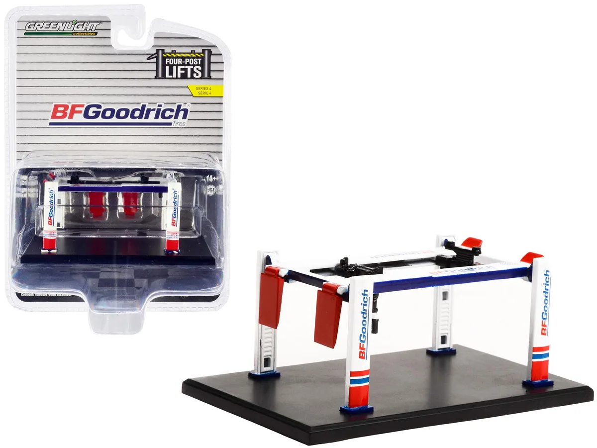 GREENLIGHT GREENLIGHT Adjustable Four-Post Lift BFGoodrich White &amp; Red 1/64 Diecast Model — product photo