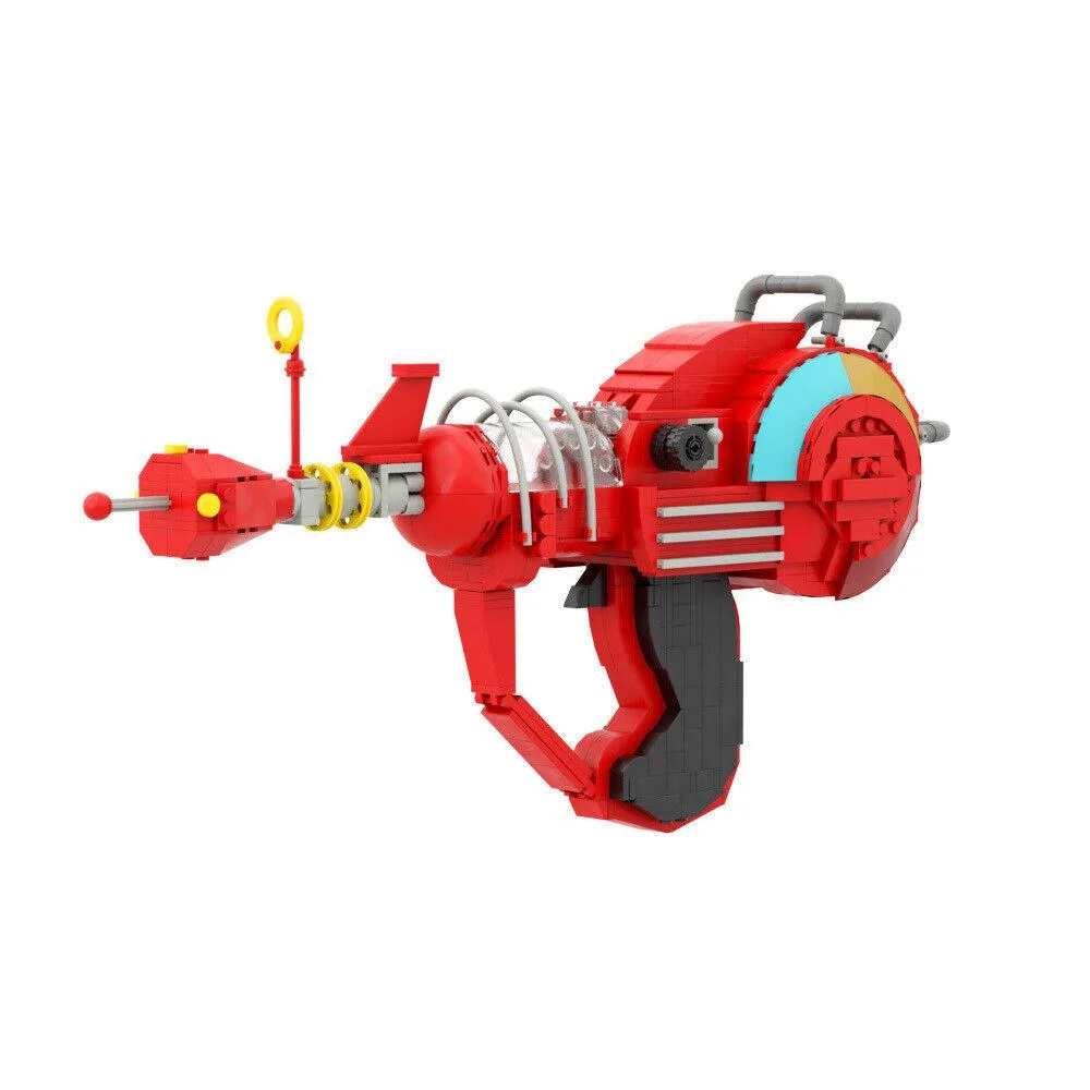 Red and multi-colour plastic building bricks in a box, 680 pieces, MOC raygun model, app-enabled instructions