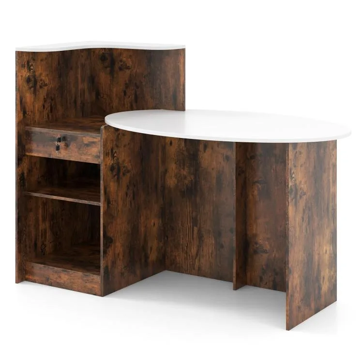 SlickBlue reception desk rustic brown oval top L-shaped shelf cabinet base new condition