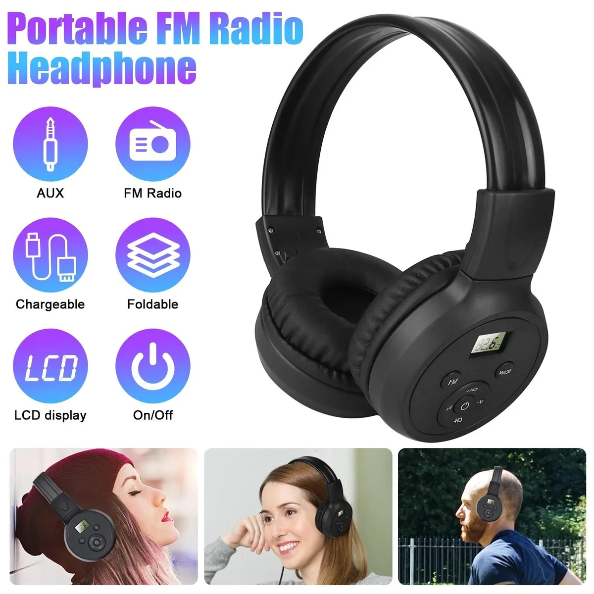 RAYBESTOS UNBRANDED RAYBESTOS UNBRANDED Wireless FM Radio Headphones 3.5mm Rechargeable Foldable Over-Ear Stereo Headset — product photo