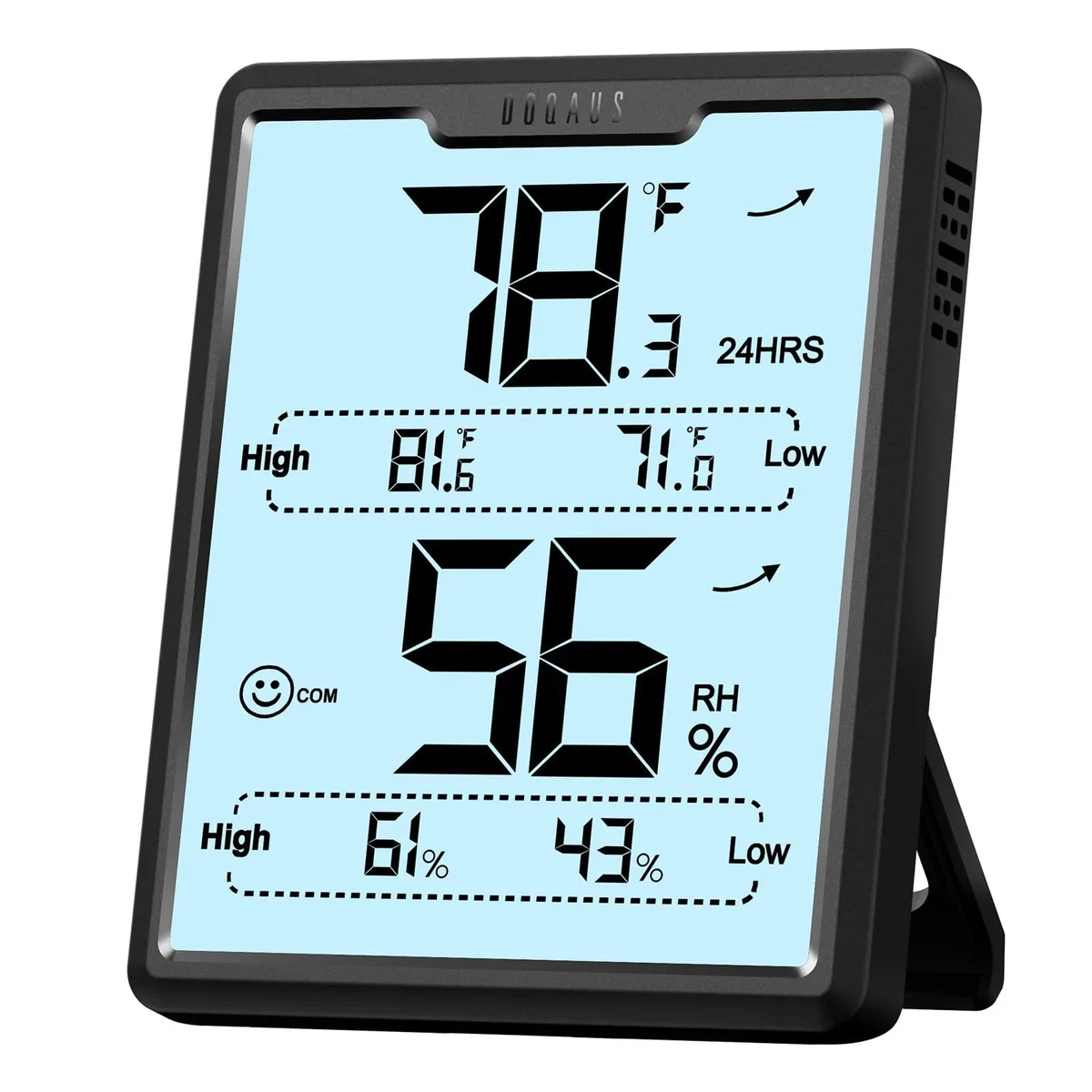 Black infrared thermometer with 3.4 inch LCD display and tabletop stand