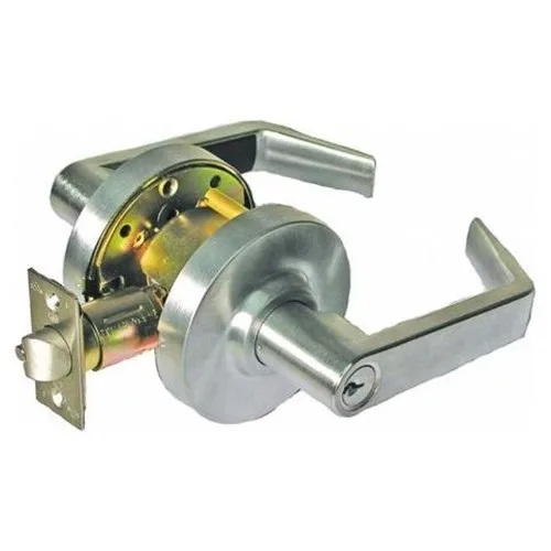 Satin chrome angled lever lockset on rosette, classroom function, Grade 2 commercial hardware