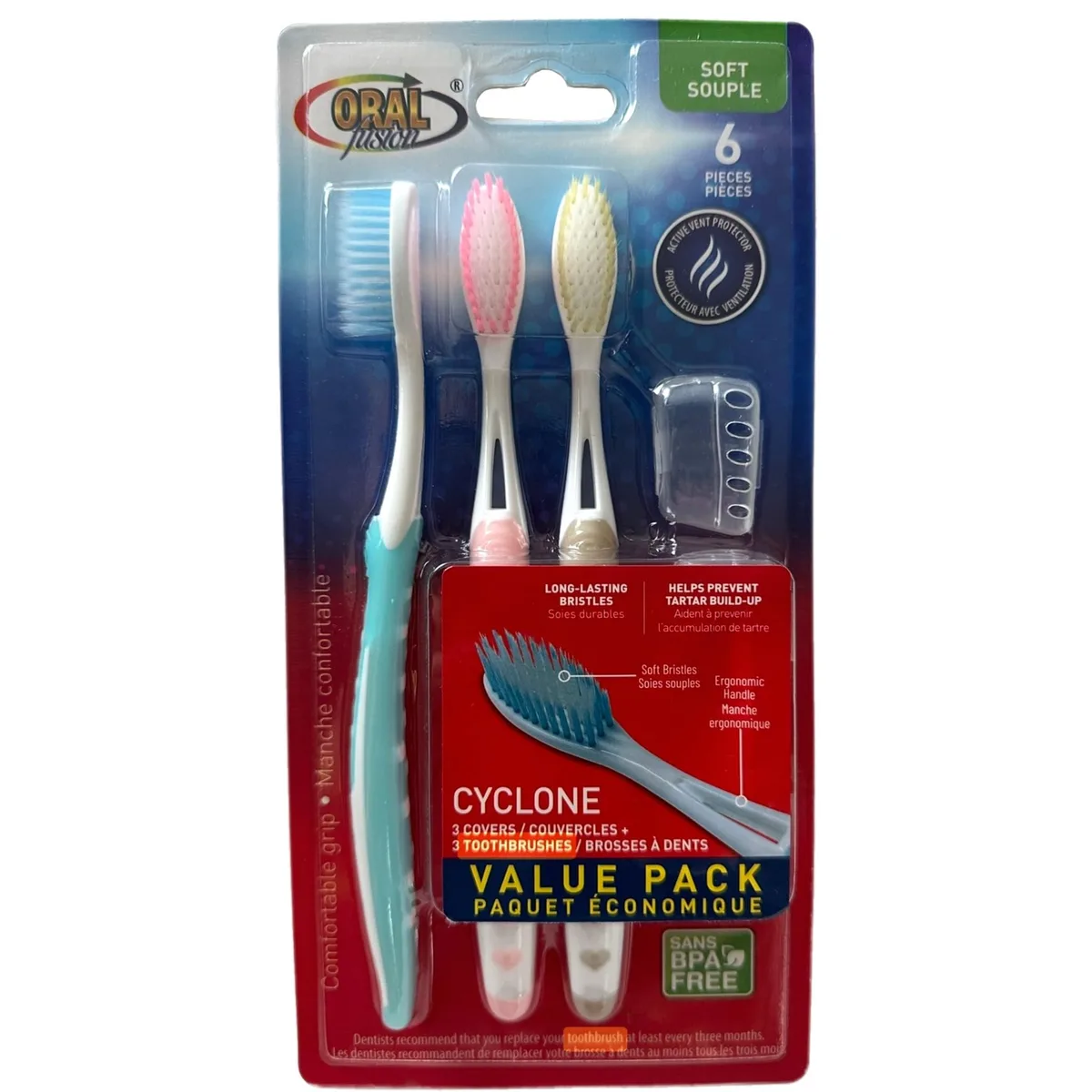 Three pastel manual toothbrushes with slim heads, soft bristles, ergonomic non-slip handles and ventilated caps