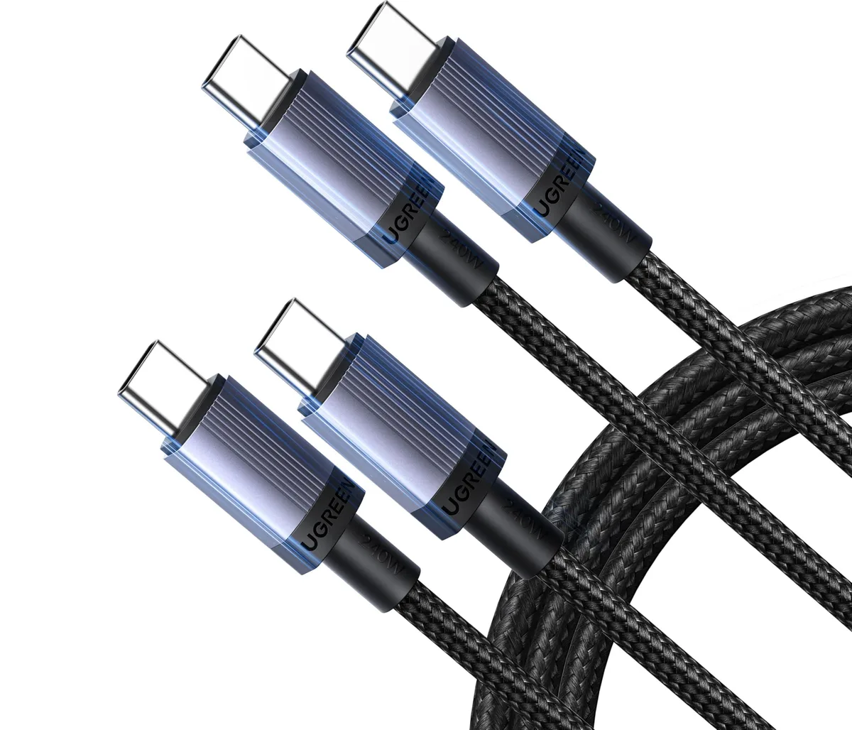 Two black nylon-braided USB-C cables, male-to-male, ten feet long