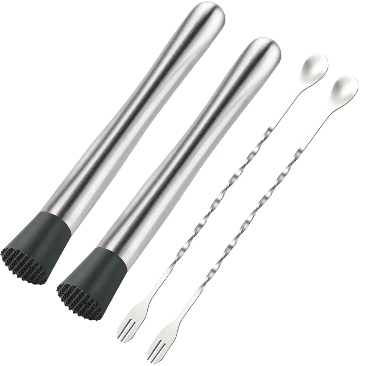 Four stainless steel bar tools: two muddlers and two spiral spoons, matte finish