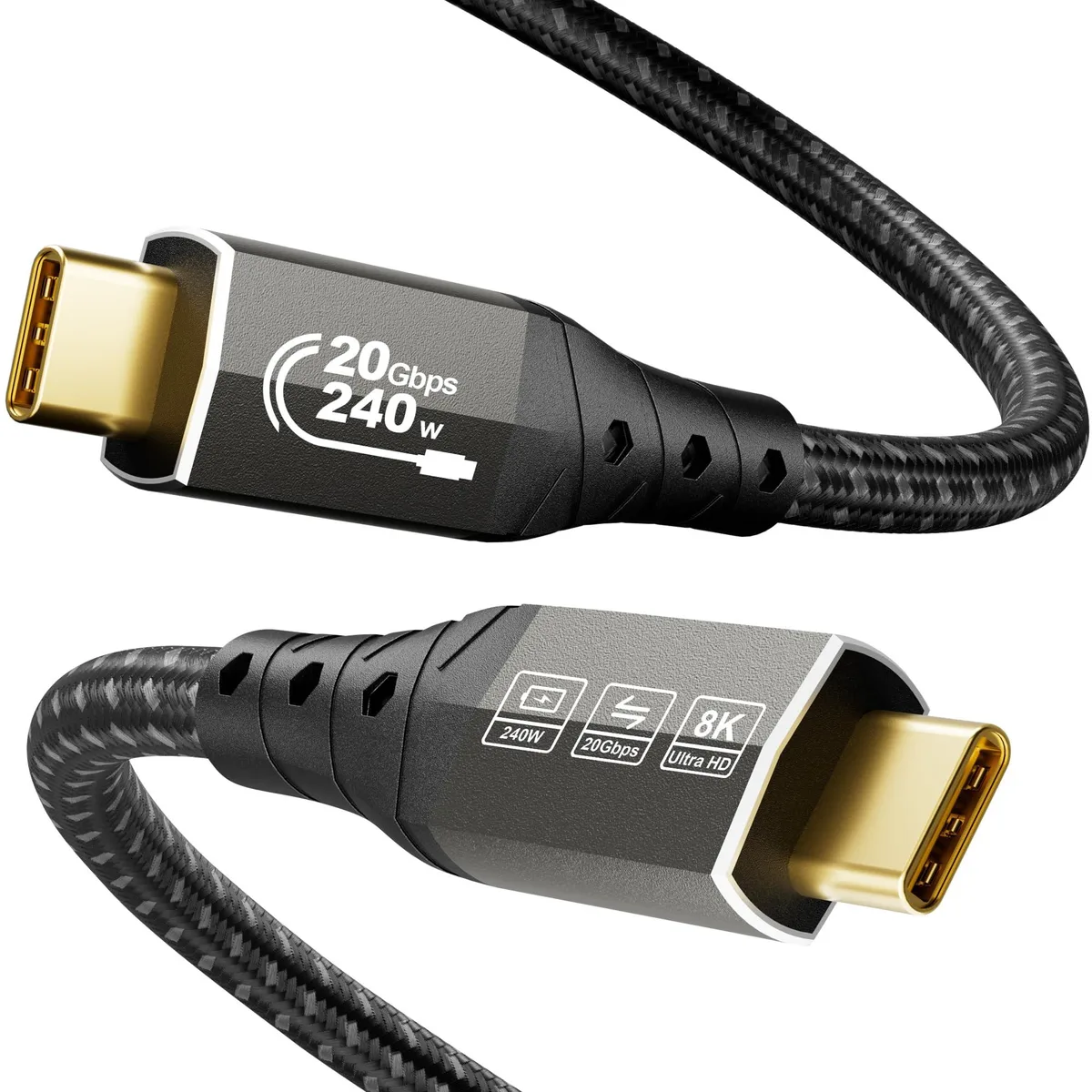 Braided USB-C cable with gold-plated connectors, 6.6 ft length