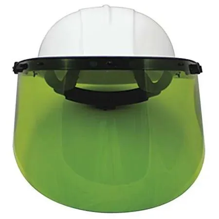 Green polycarbonate faceshield on white hard hat with nylon suspension