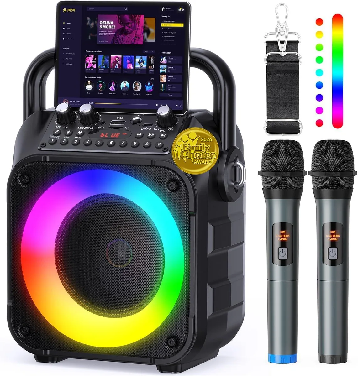 voijump K303-N Karaoke System with 2 Wireless Mics, Bluetooth 6.0, 15W 6.5" Speakers, LED Lights — product photo