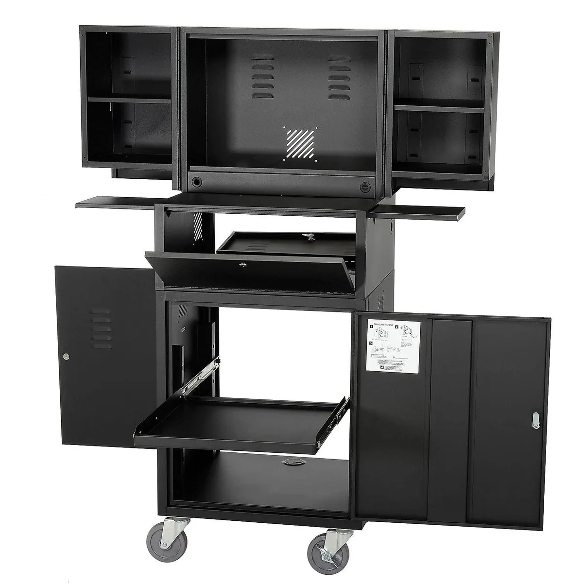 Black mobile fold-out computer security cabinet on four swivel casters, unassembled