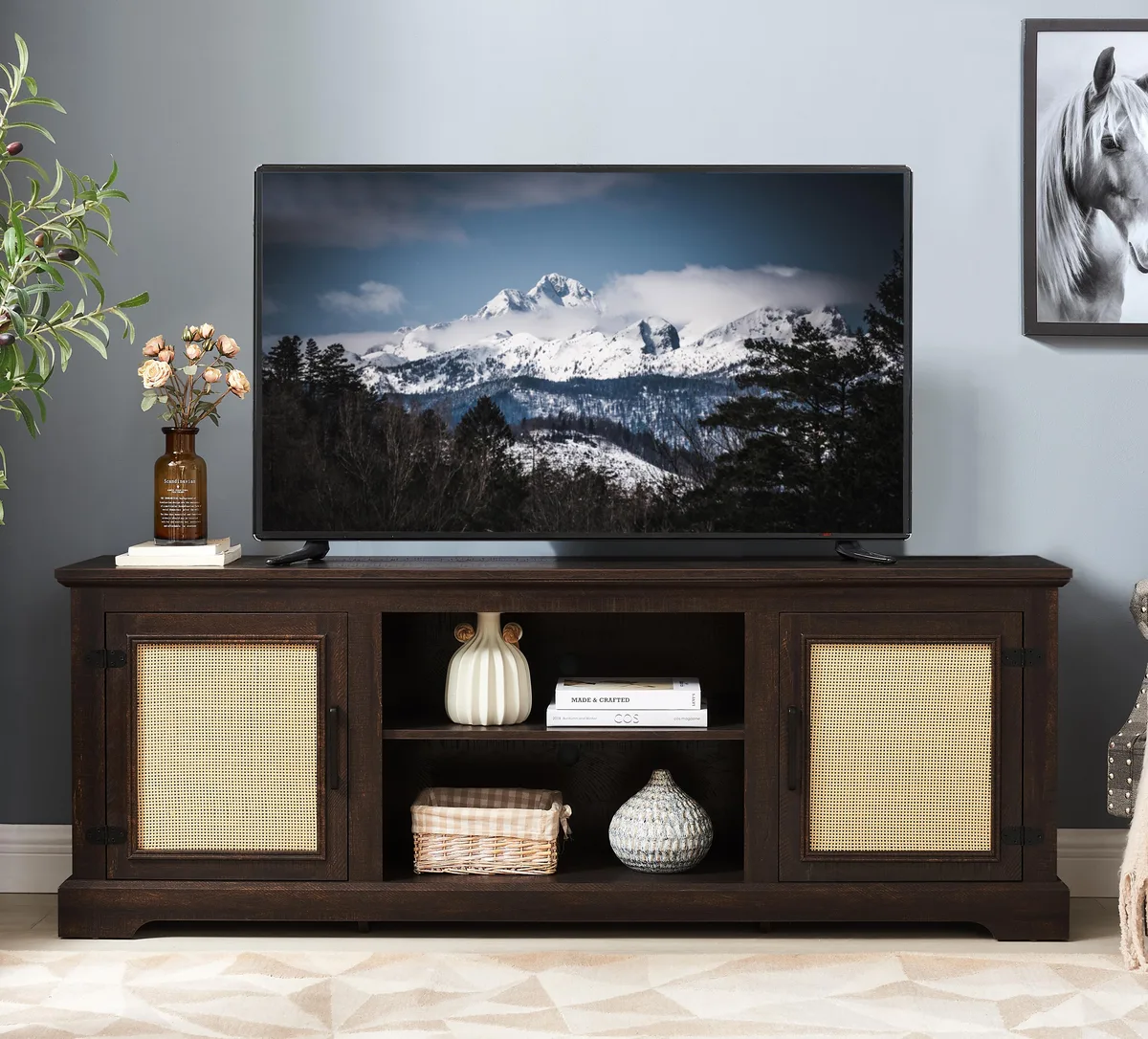 tuphen tuphen TV Stand 65"W Espresso Rattan Doors 70" TV Home Entertainment — product photo