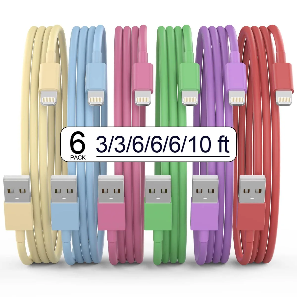 No Sew No Sew 6-Pack Lightning Cable Multicolour 3/3/6/6/6/10 ft MFi 2.4A 480 Mbps — product photo