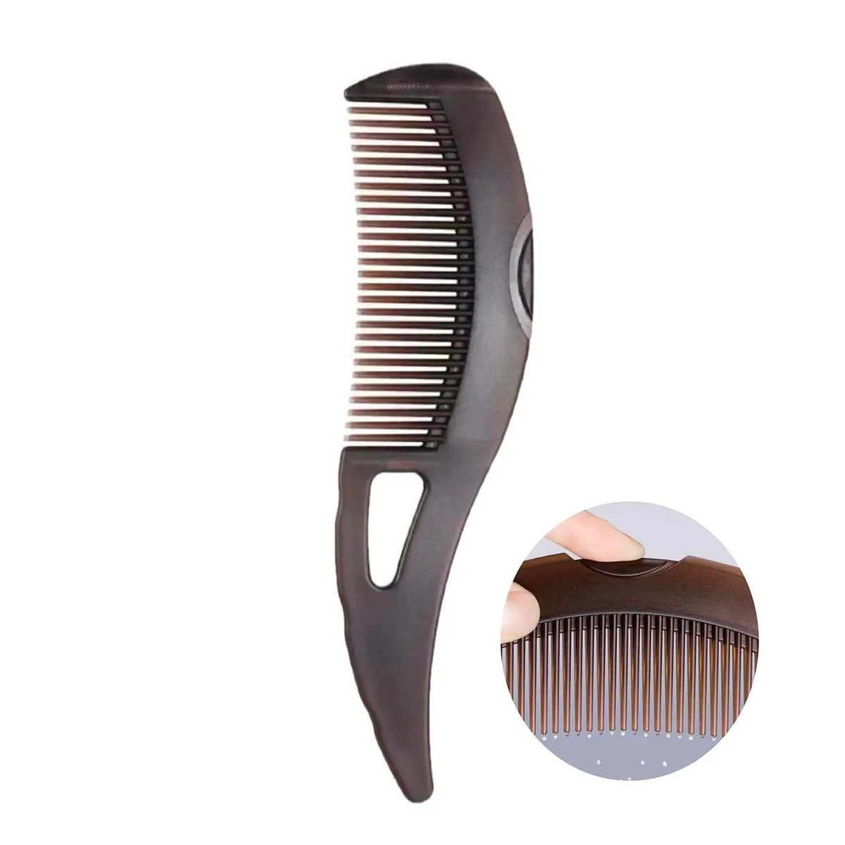 A brown plastic comb with hollow teeth, a self-cleaning button, and a textured massage handle