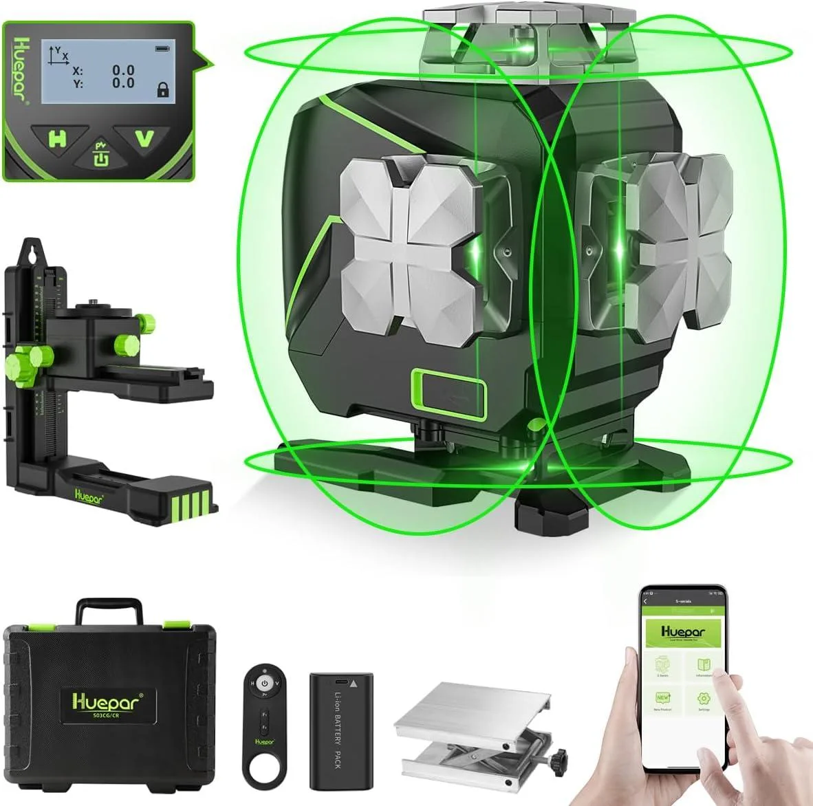 WUQ WUQ Laser Level 360 Green 4x360° 4D Cross Line LCD Bluetooth Remote S04CG — product photo