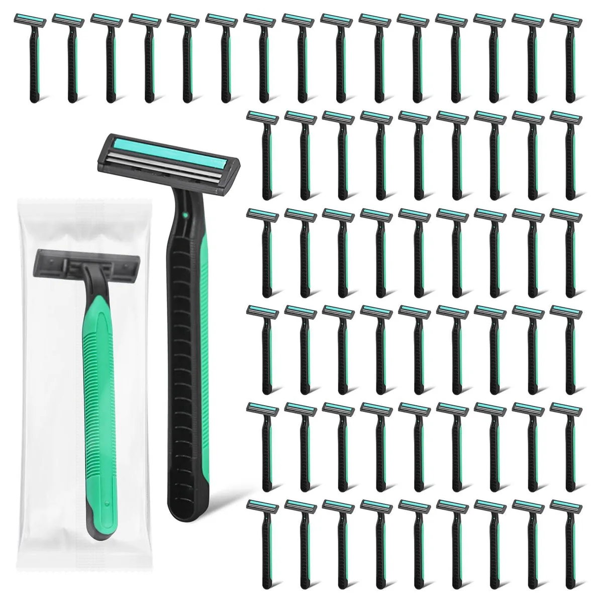 Green disposable twin blade razors 30 pack clear safety caps