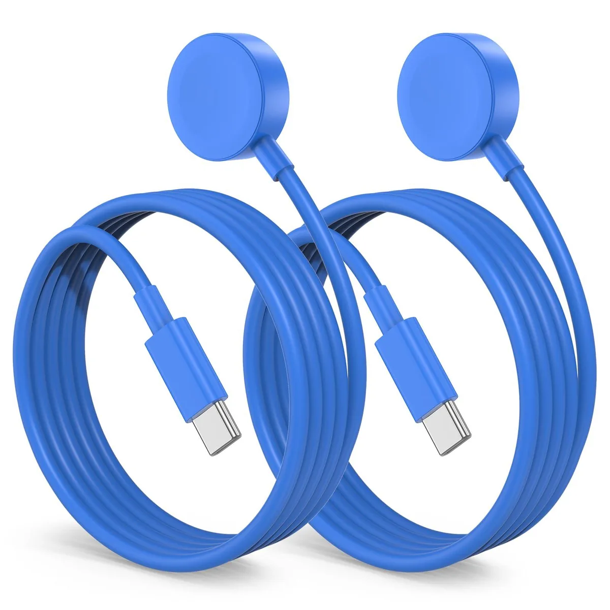 Two blue USB-C magnetic watch chargers, three-foot cables