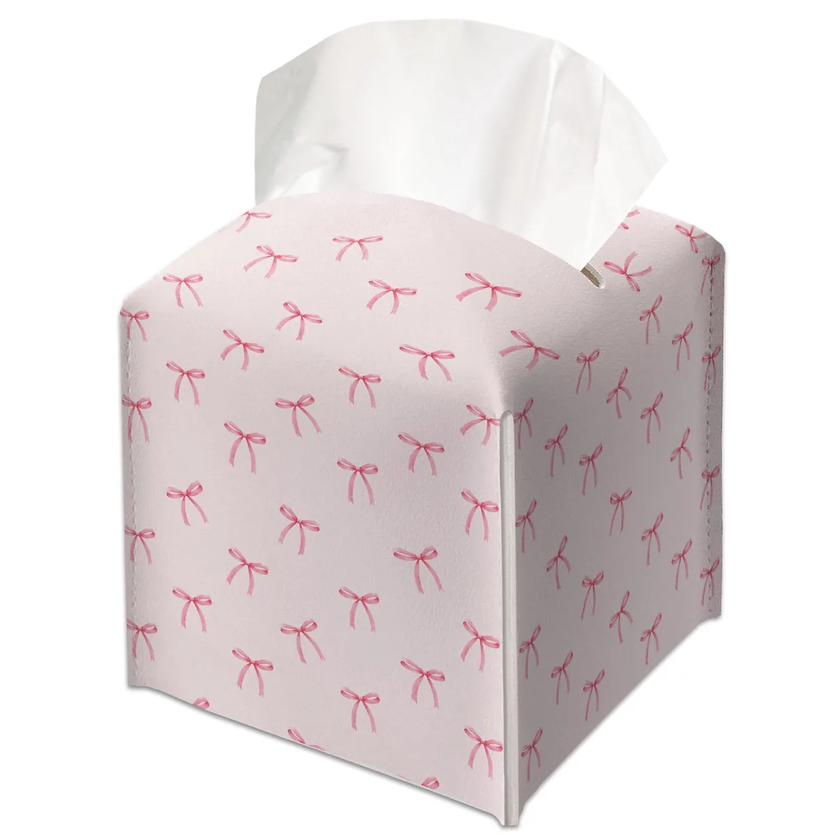 Pink leather cube tissue box cover with ribbon bow, 5.2 inches square