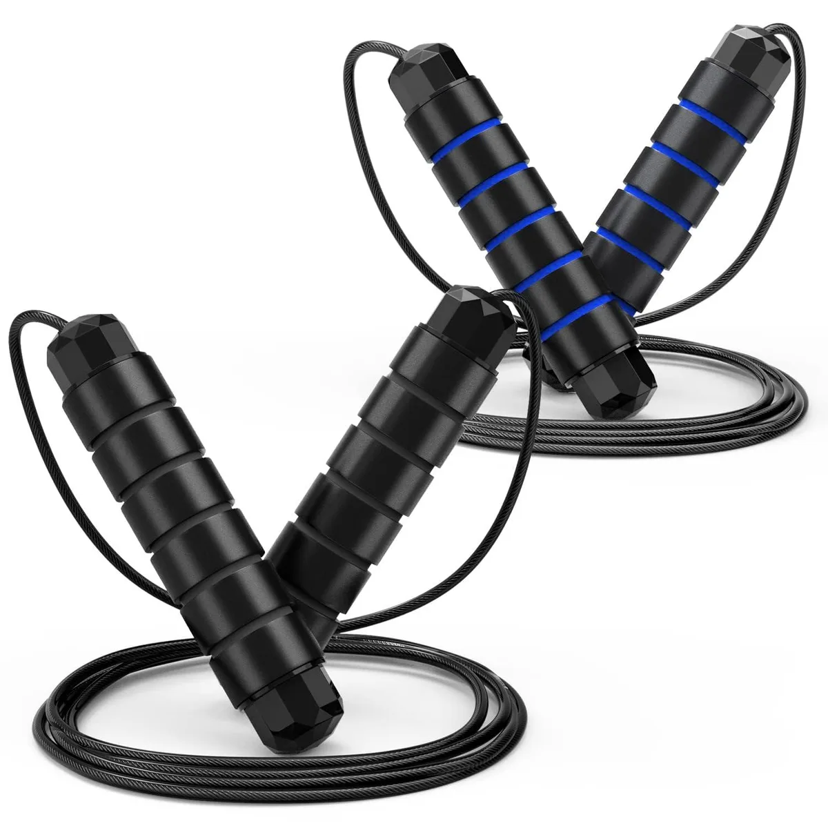 Loocio Adjustable Speed Jump Rope with Ball Bearings, Foam Handles, Black/Blue — product photo