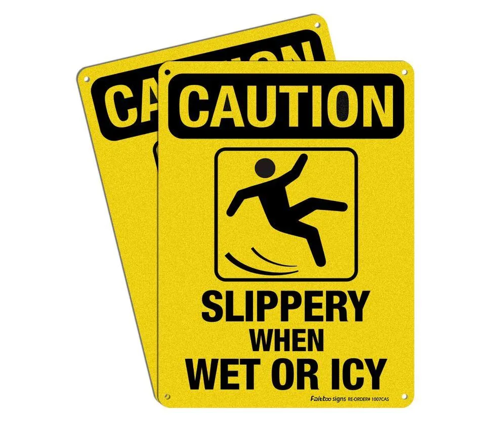 Zoom Zoom Caution Slippery When Wet or Icy Sign 2 Pack 10 x 7 In Reflective Aluminum — product photo