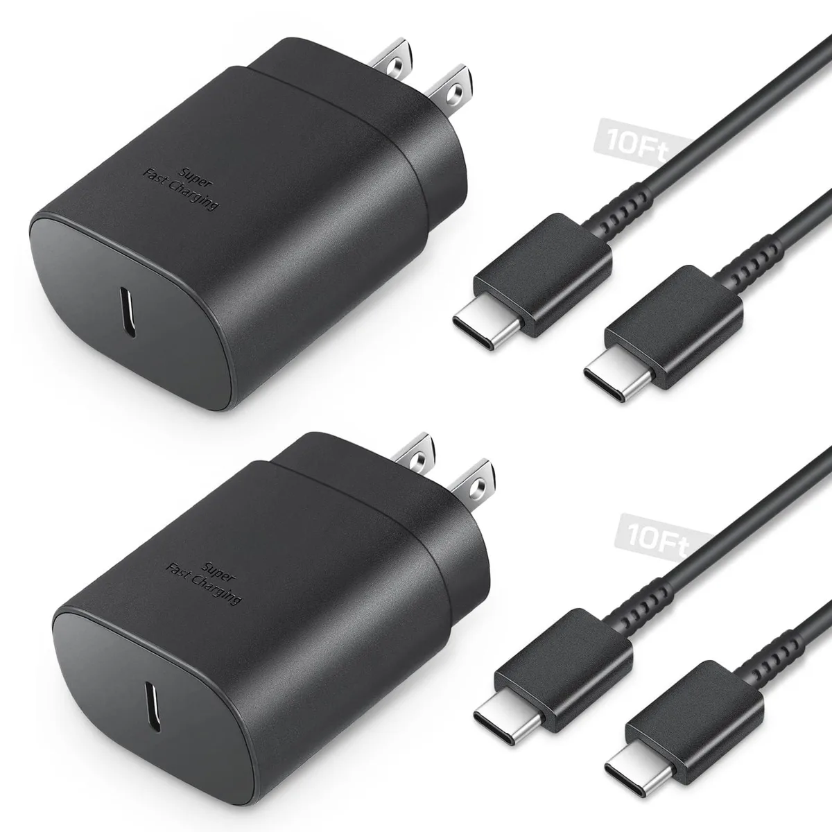 Two white USB-C wall chargers with two matching 10 ft cables