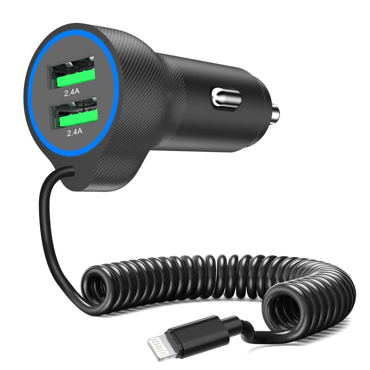 White car charger adapter with coiled Lightning cable and two USB ports
