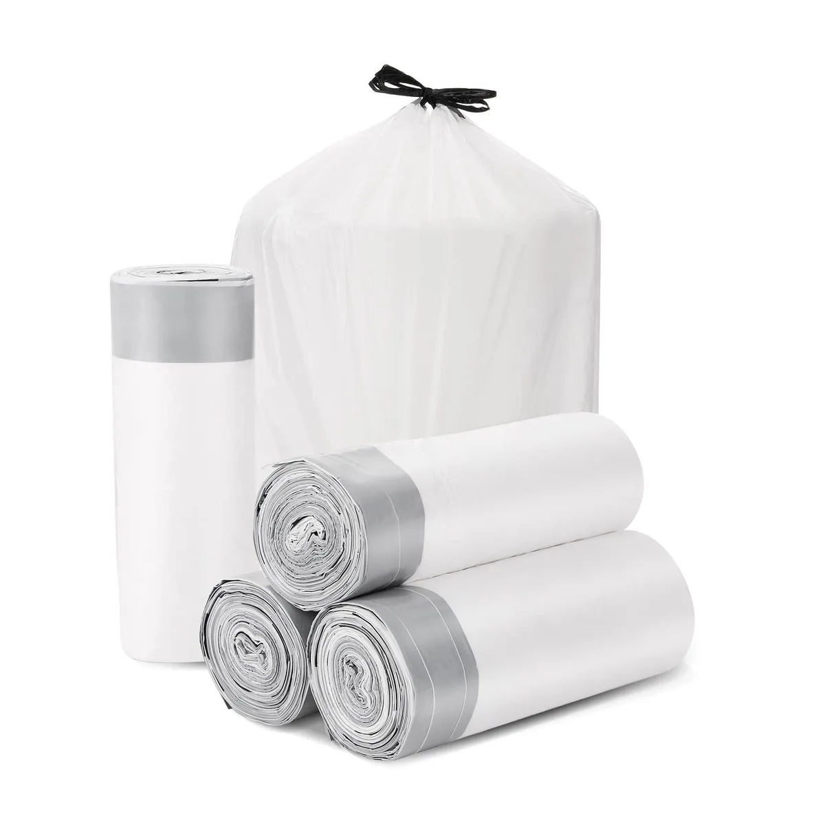 Pack of 100 drawstring trash bags, 8 gallon capacity, stretchy plastic material