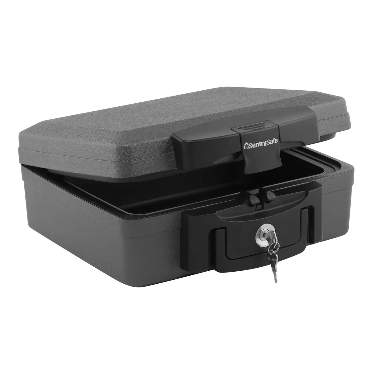 Black rectangular portable safe with carry handle and key lock, 14.3 by 13 by 6.1 inches