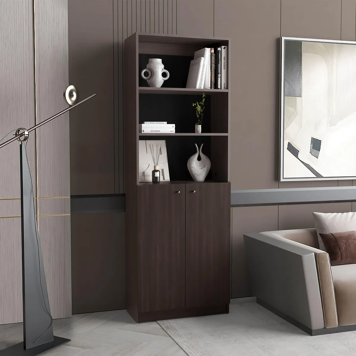 Tall walnut bookcase with two open shelves above two closed cabinet doors