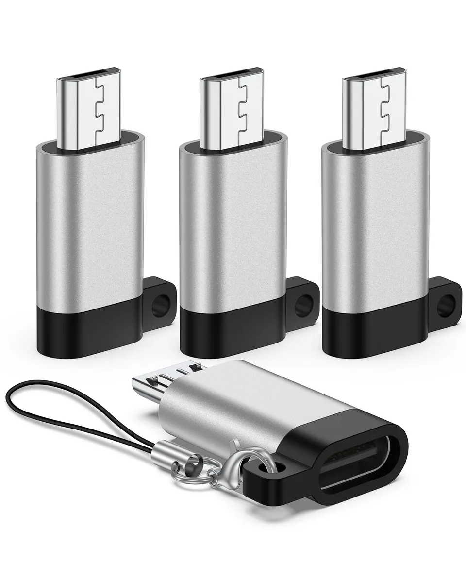 Four silver USB-C to Micro USB adapters, compact aluminium shells