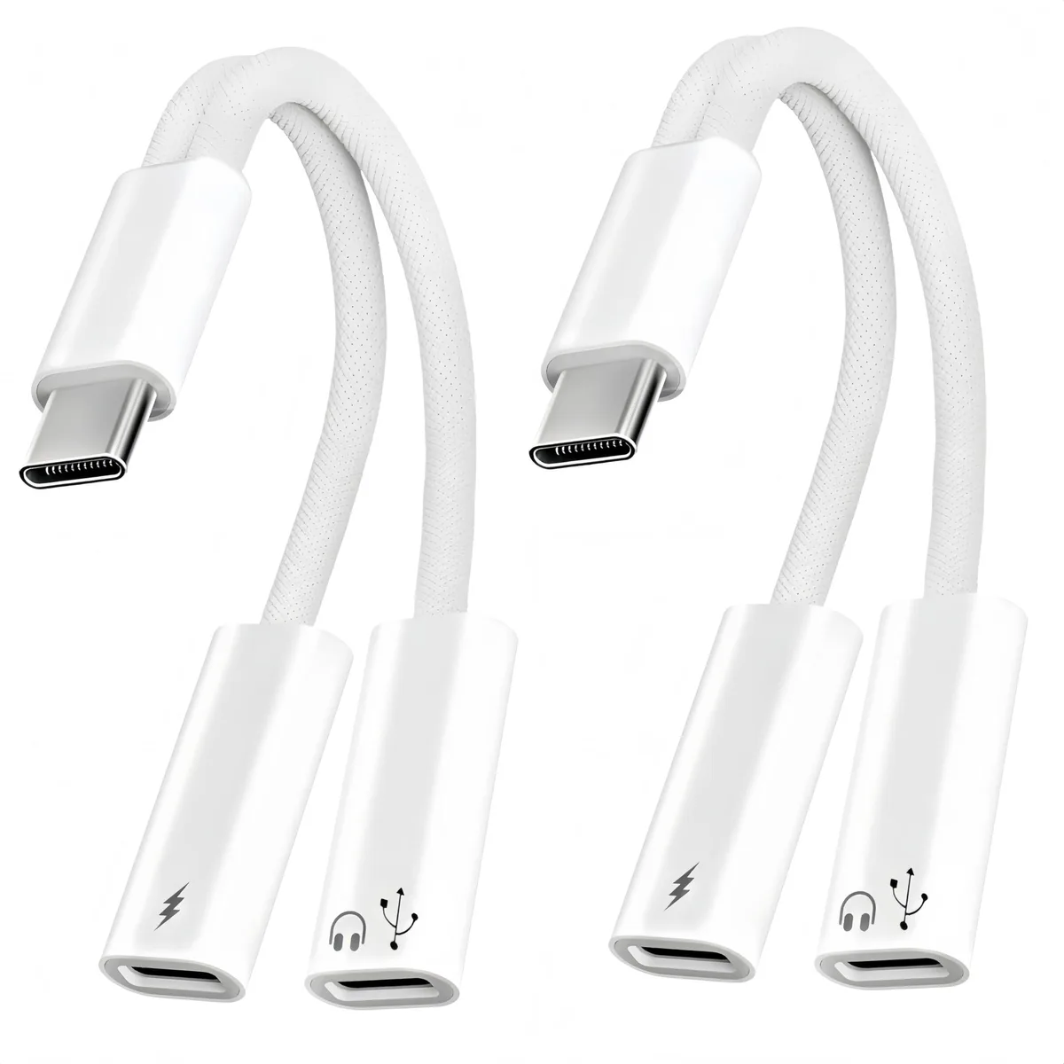 Two short white USB-C splitter cables, each with one input and two USB-C outputs