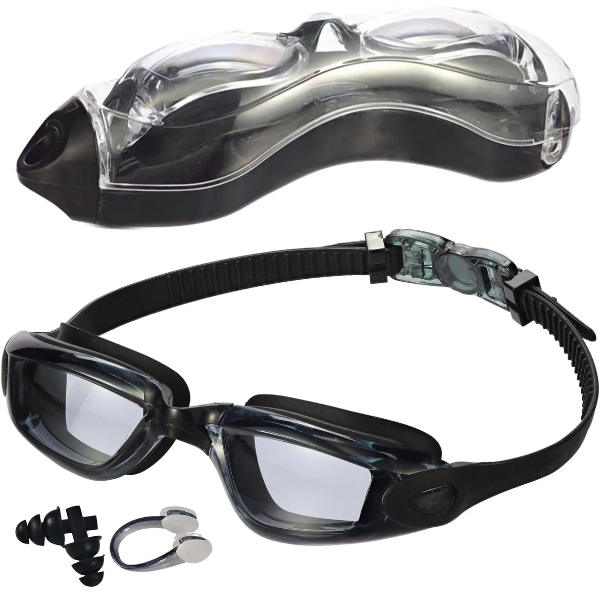 Black Wenwasno QYY-2016 swim goggles with curved lenses for wide view