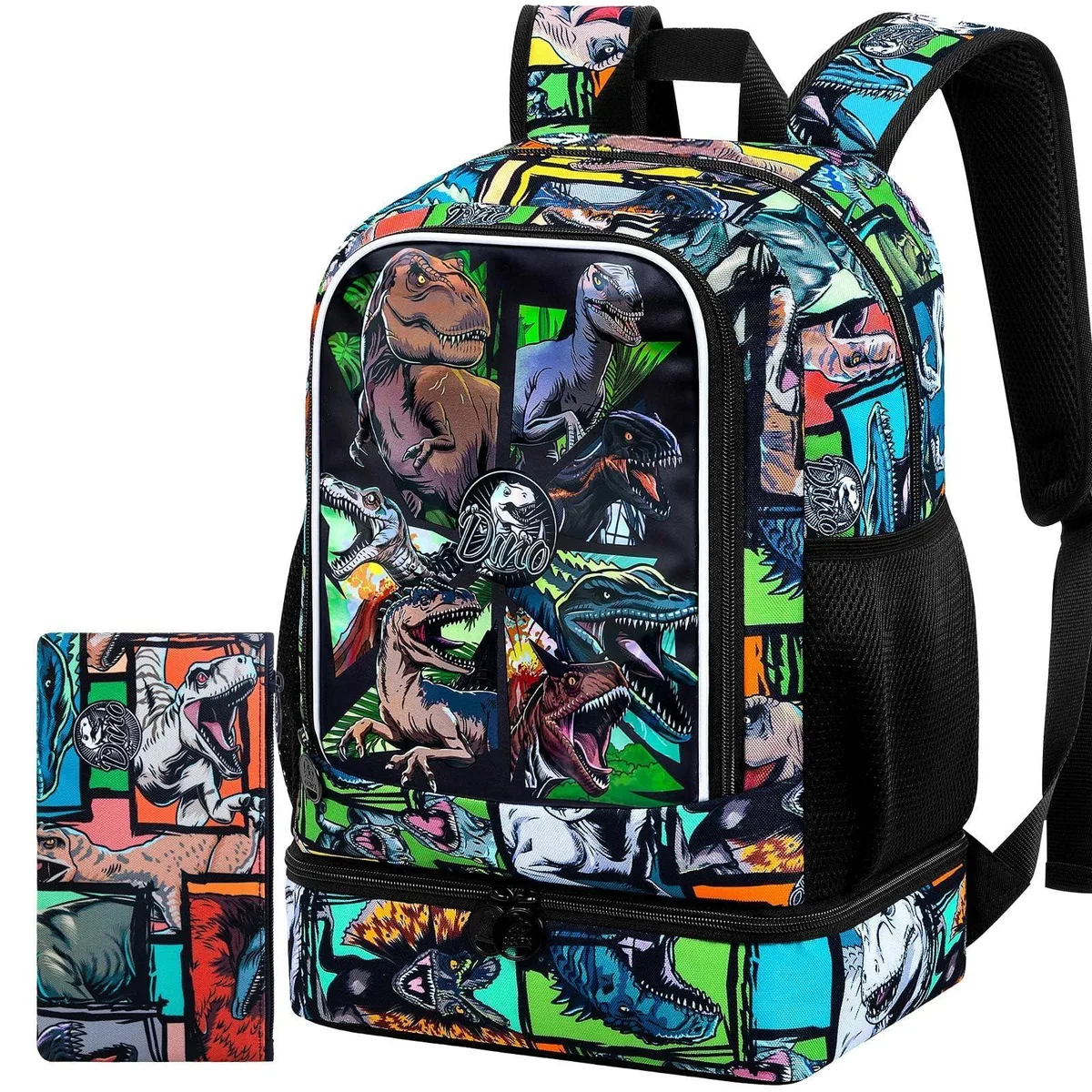Black dinosaur-patterned kids' backpack with integrated lunch box at base, 17-inch laptop compartment, reflective front strip