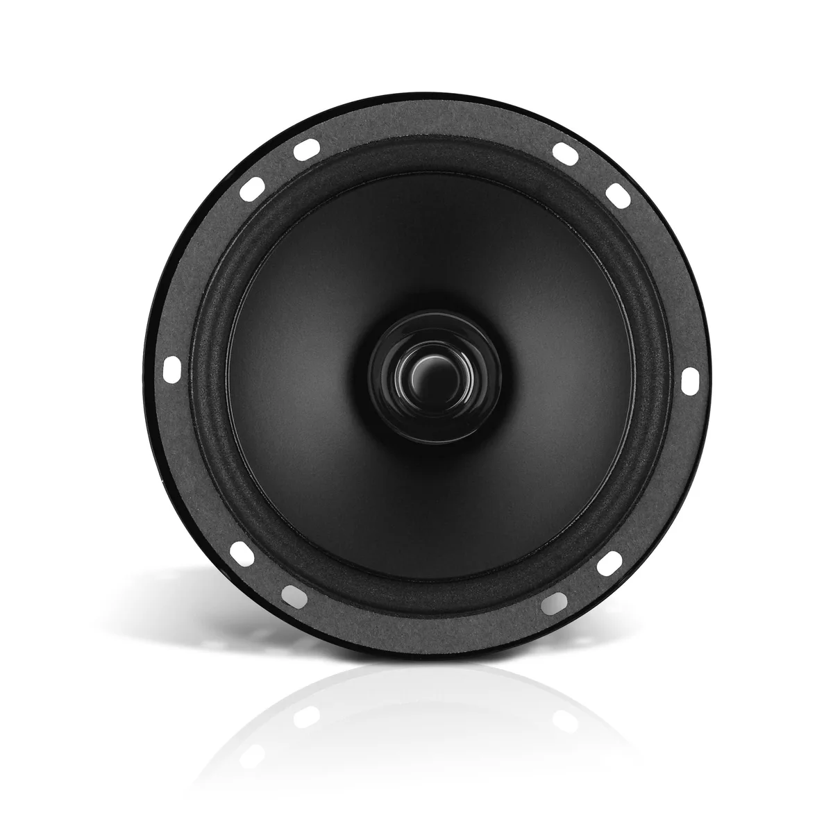 Black 6.5 inch car speaker with polypropylene cone and stamped basket