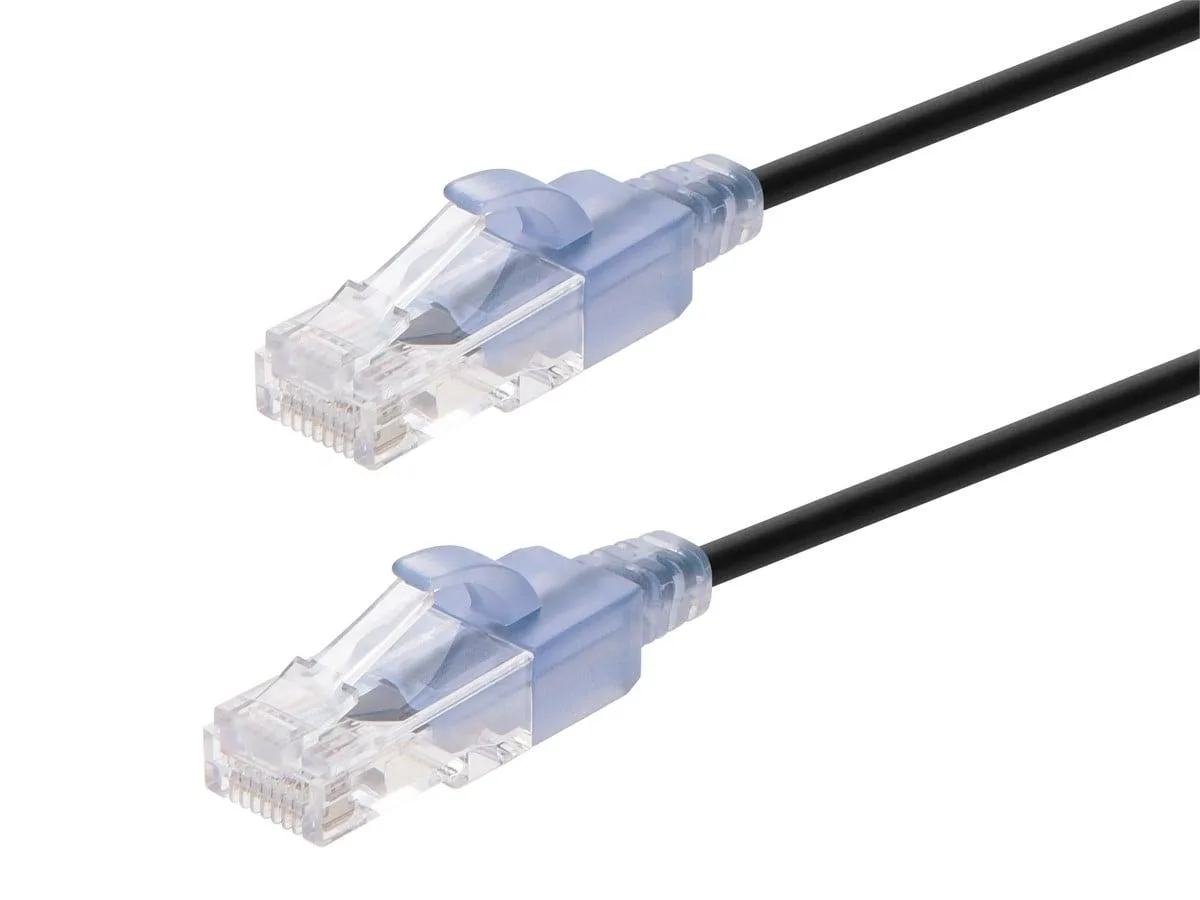 Black slim Cat6A patch cable, 7 feet, snagless RJ45 connectors