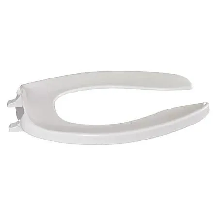 White elongated toilet seat with stainless steel hinges, open front, no cover