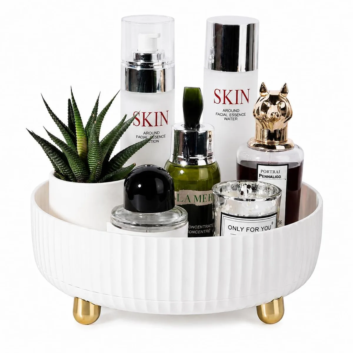 Small ivory-white ABS rotating bath storage tray, 22 cm diameter, lychee-textured base, four non-slip feet