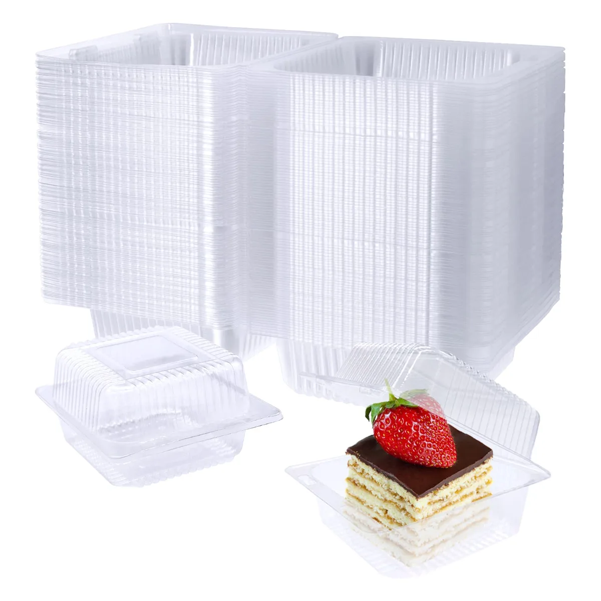 Stack of 100 clear square hinged clamshell food containers 5.1x4.7x2.8in