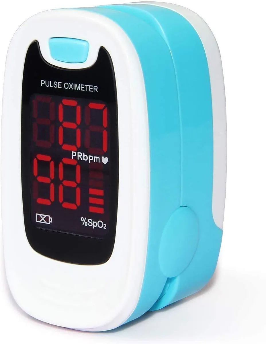 Small white fingertip pulse oximeter with LED display and neck wrist cord
