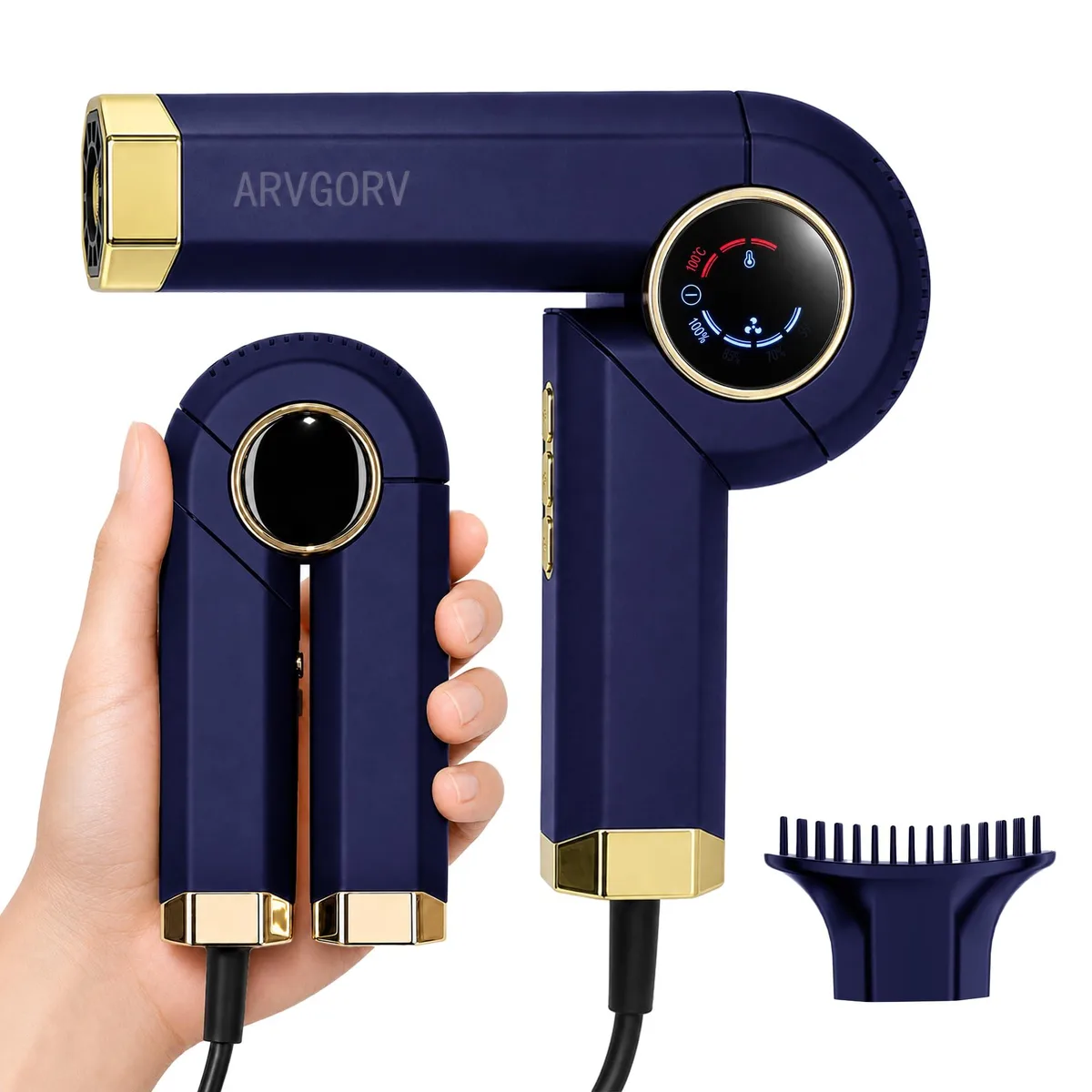 Compact blue foldable hair dryer with ionic technology