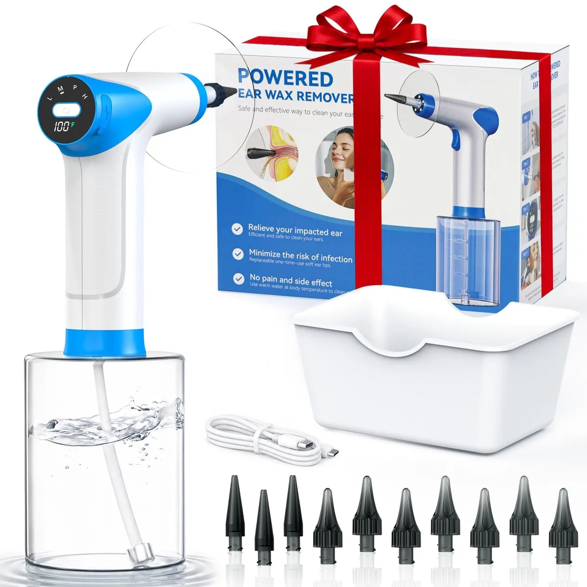 White electric ear cleaner with LCD display, 500ml tank, basin and 11 silicone tips