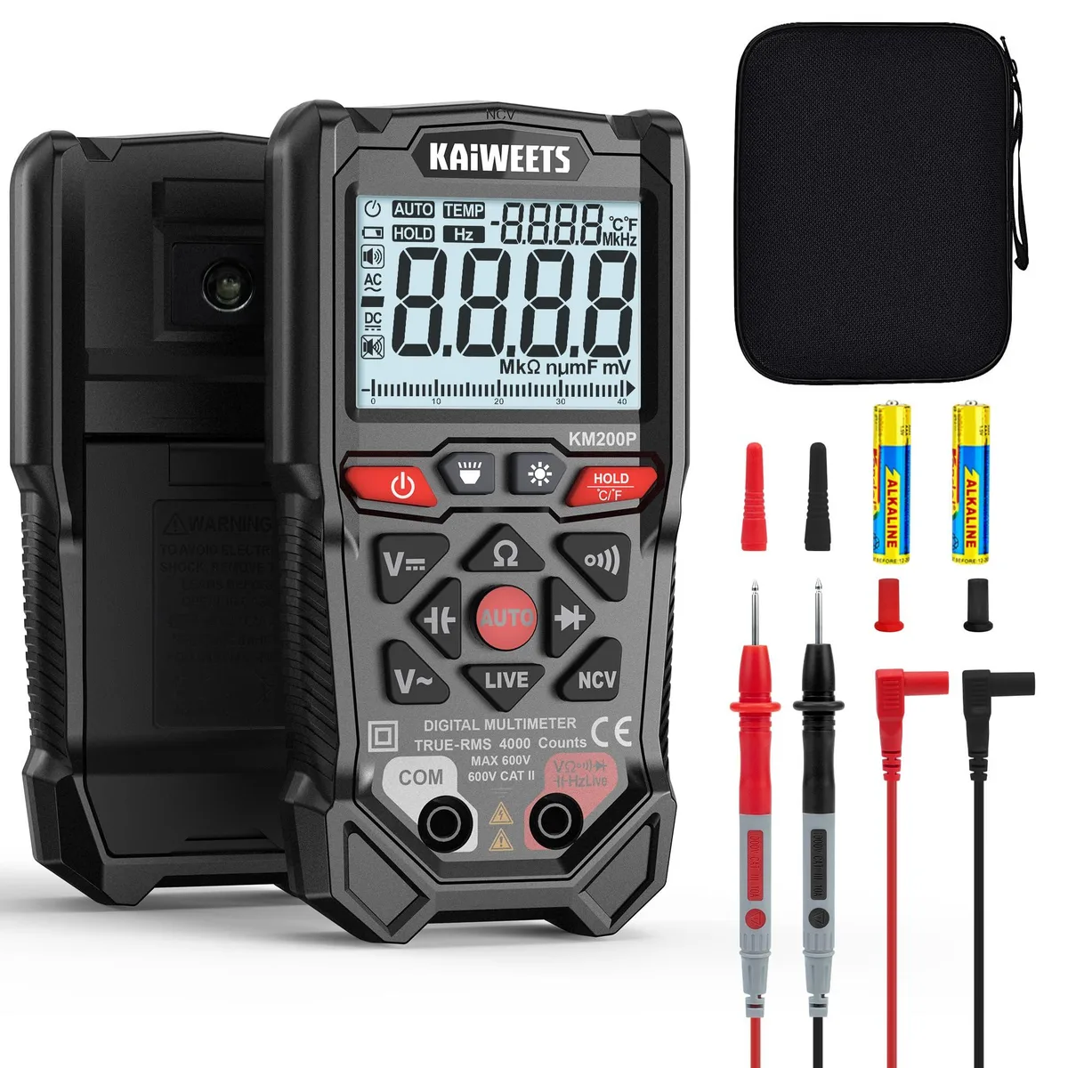Yellow digital multimeter with LCD screen and button controls in carrying case