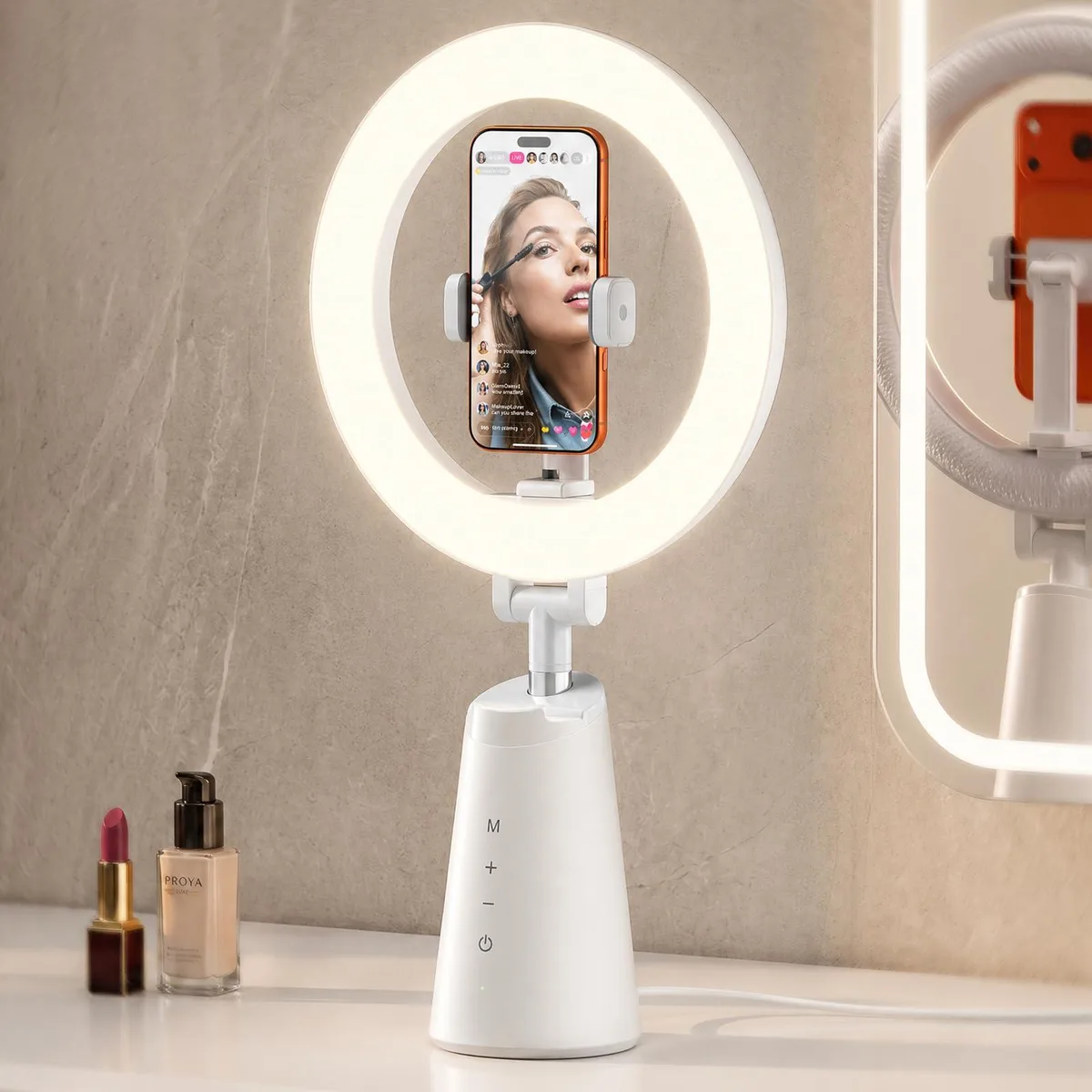 White 11 inch ring light on adjustable stand with phone holder