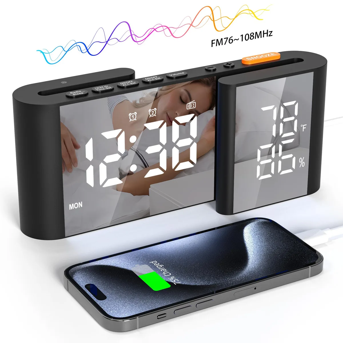 GIOFIMOK GIOFIMOK S-shaped Digital Alarm Clock, Dual Mirrored Display, Black-White — product photo