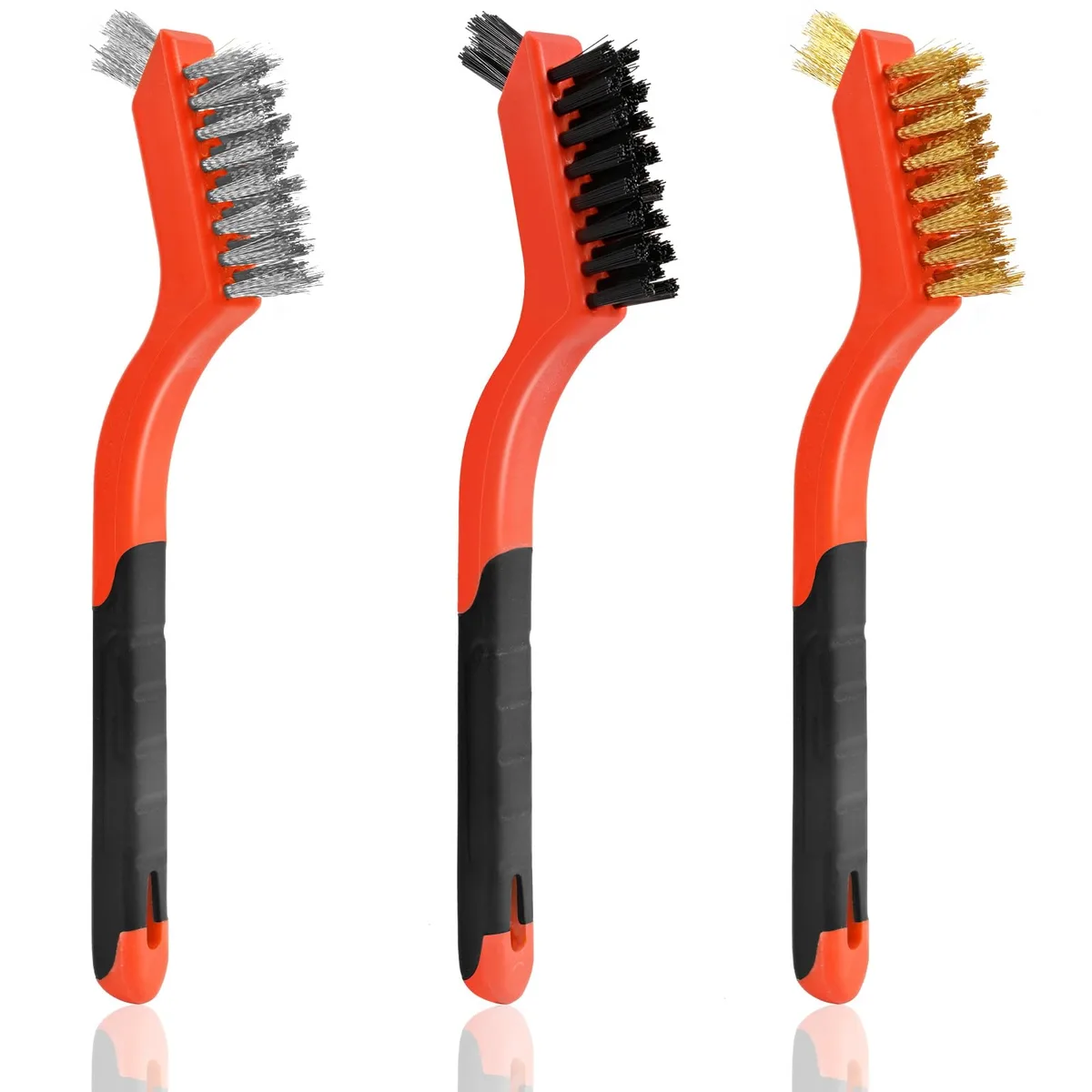 Three 7-inch wire brushes with curved rubber-grip handles in stainless steel brass and nylon