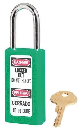 Green thermoplastic safety padlock with hardened steel shackle, keyed alike, six pack