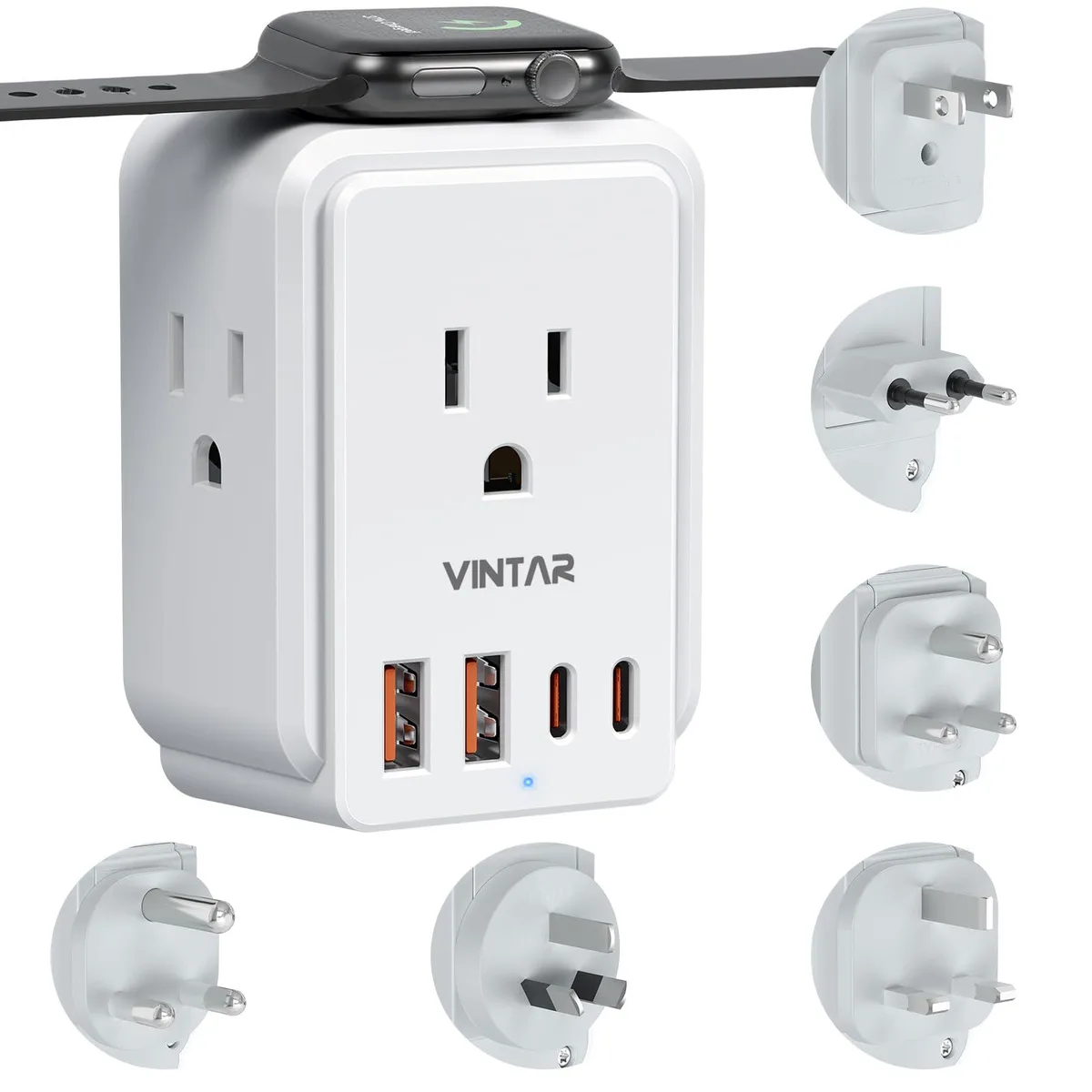 White rectangular travel adapter with detachable plugs, USB ports and AC outlets
