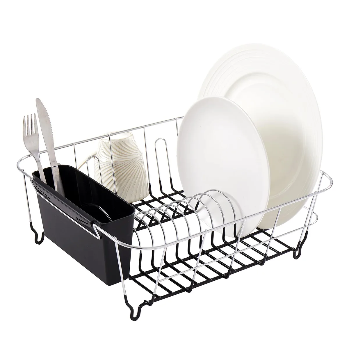 Black two-piece dish drying rack with removable utensil holder, chrome-plated steel frame, rubber-coated feet, fits in sink