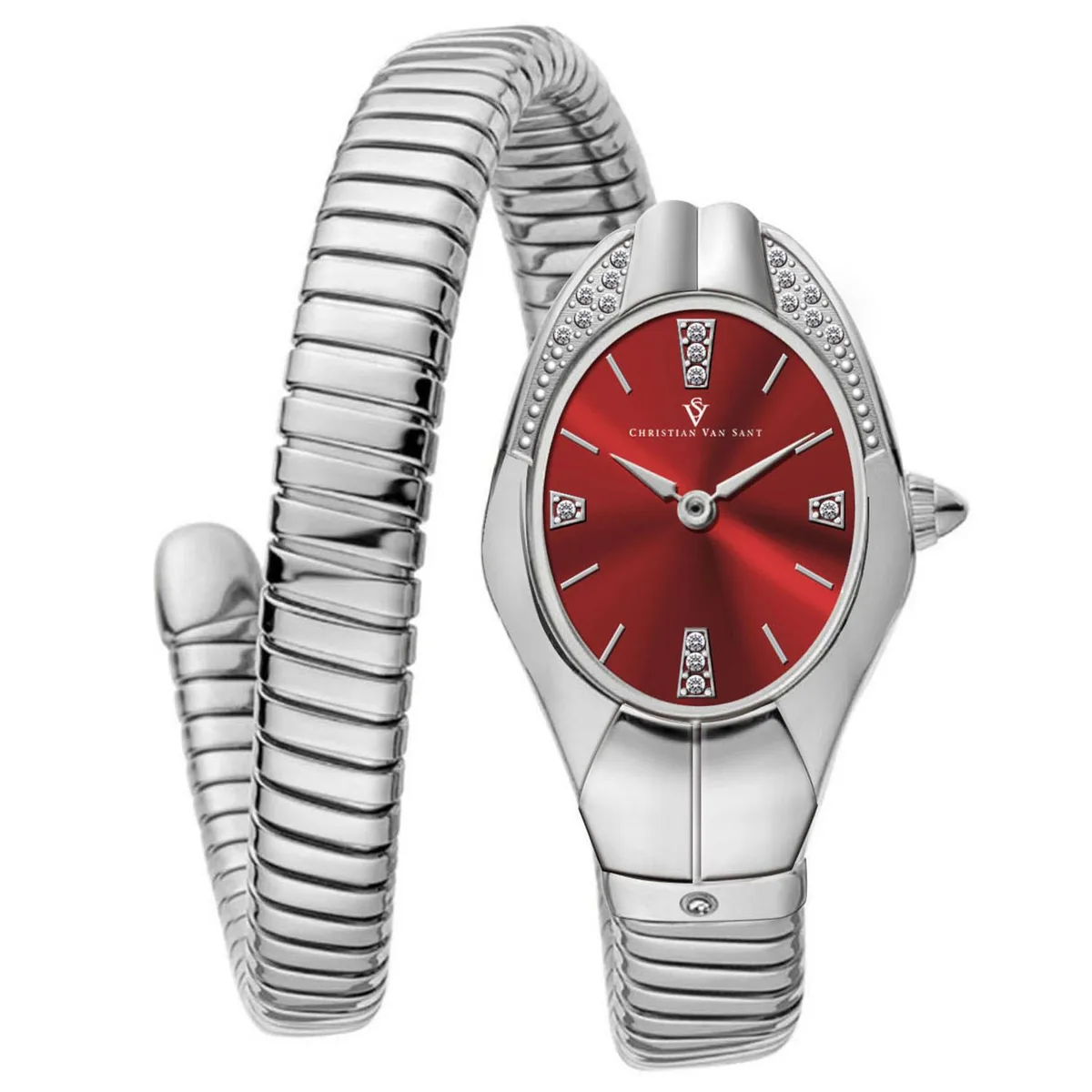 Stainless steel watch with red dial and matching bracelet
