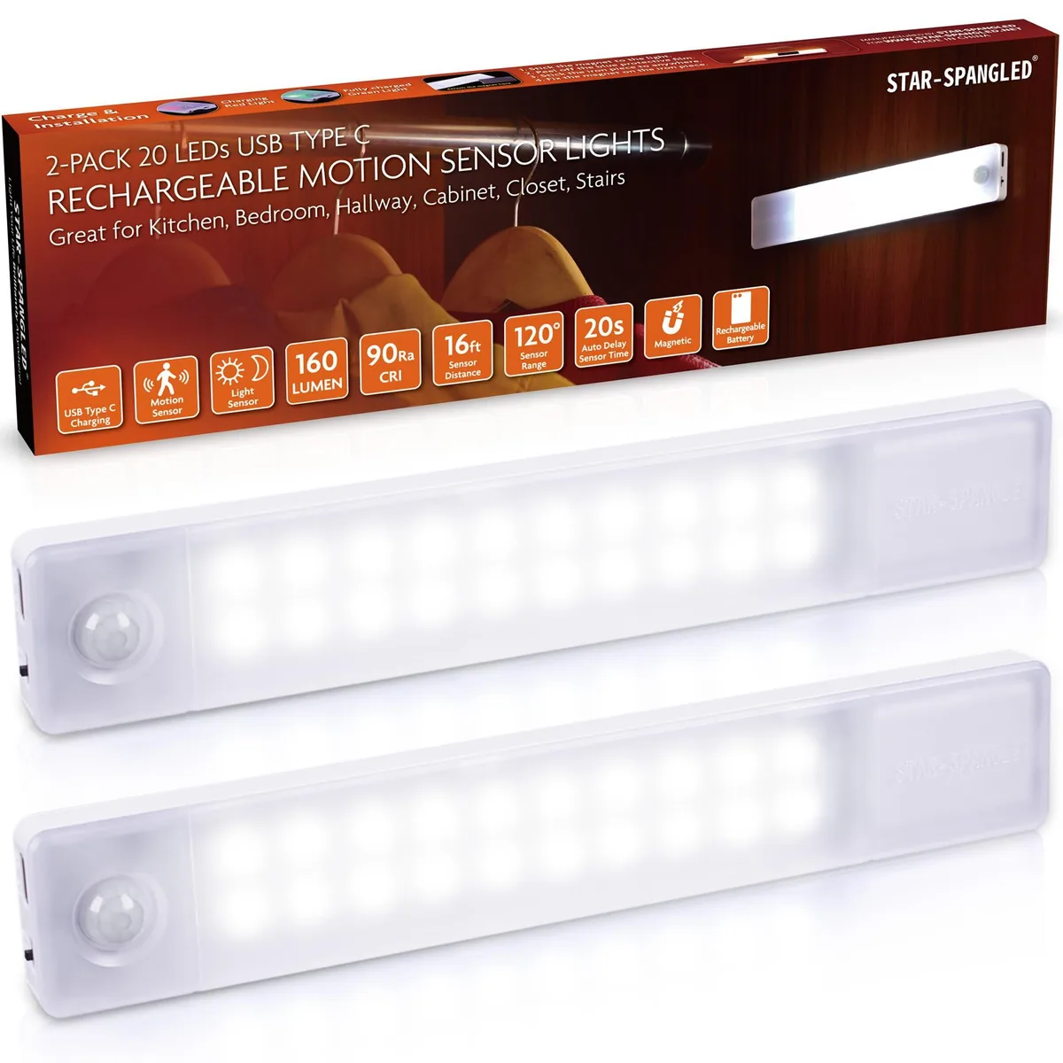 Two white 8 inch rechargeable LED bars with magnetic backs and USB‑C cable