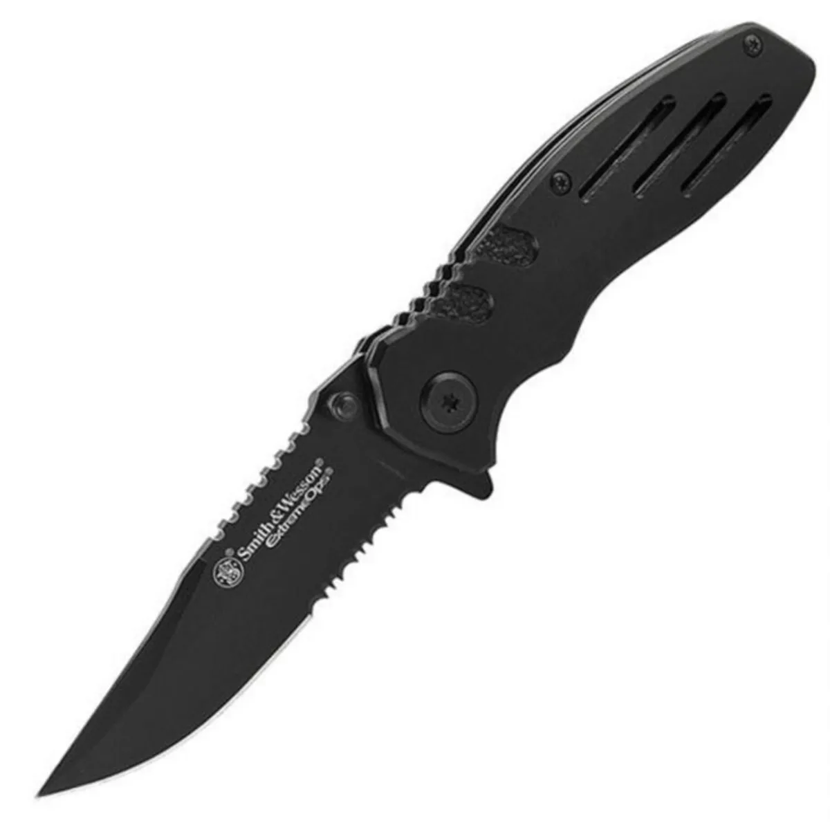Folding knife, 7.1in overall, black aluminum handle, serrated clip-point blade